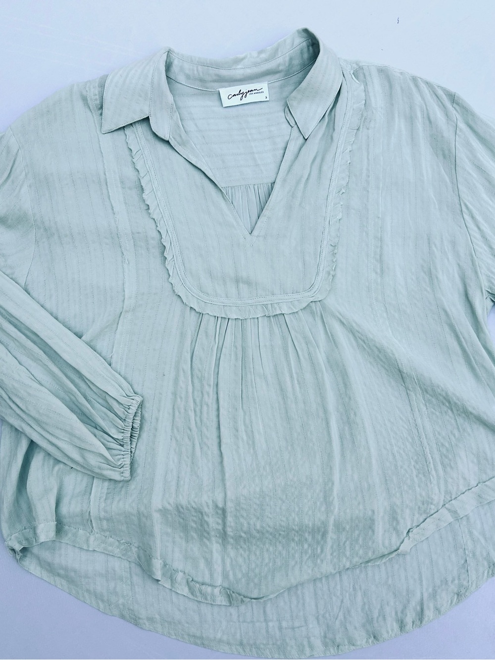 Carly Jean Los Angeles Sage Green Peasant-Style V-Neck Blouse